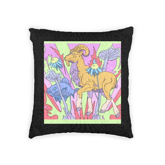 A goat and a fish in a fantasy garden Woven Pillows