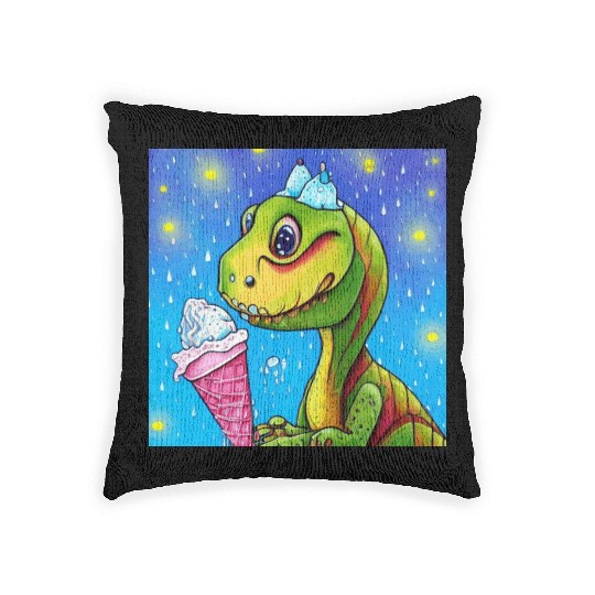 happy dinosaur love ice cream Woven Pillows