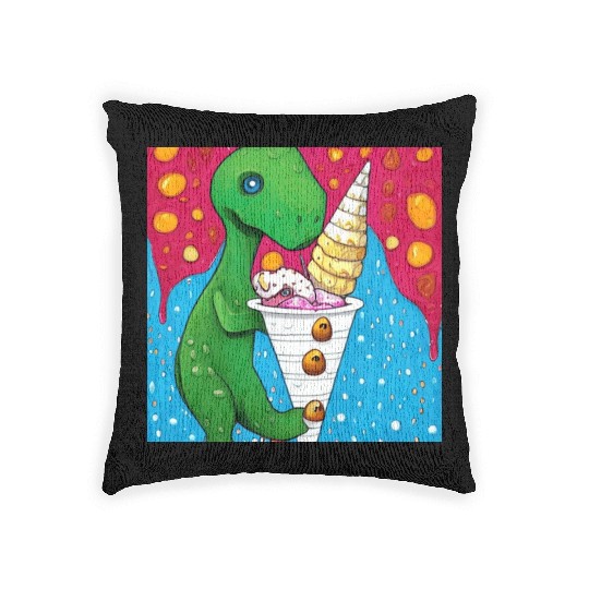 happy dinosaur love ice cream Woven Pillows