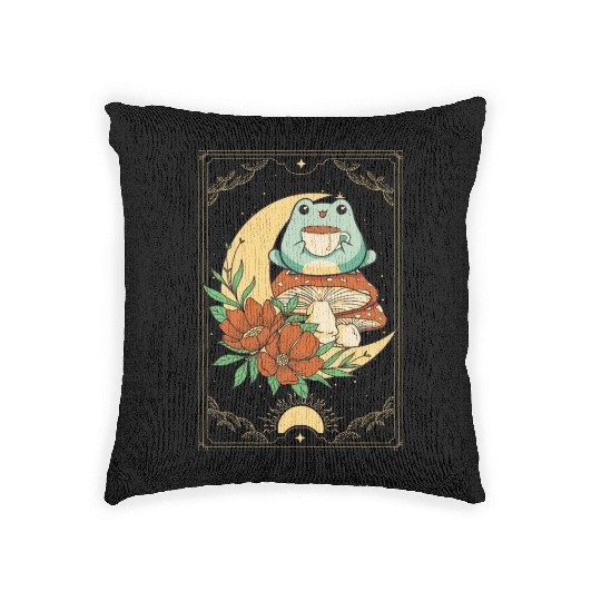 Cottagecore Aesthetic Tarot Card Frog Sipping Tea Woven Pillows
