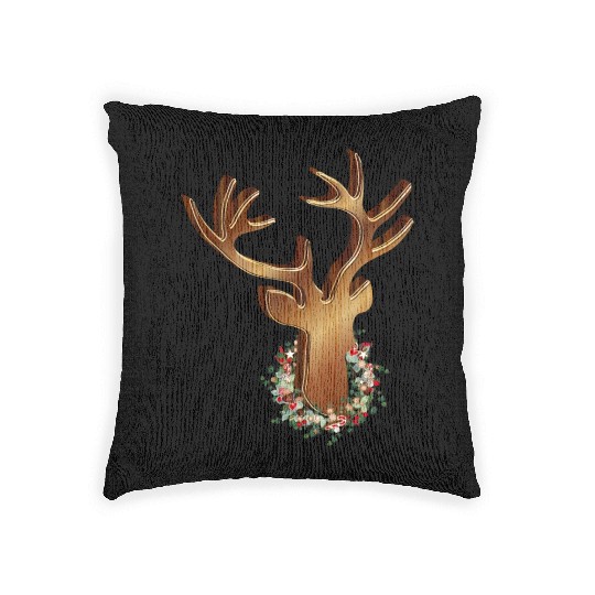 Deer head in wood look with Christmas wreath Woven Pillows