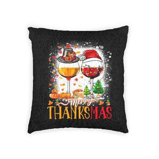 Merry Thanksmas Santa Hat Thanksgiving Christmas Woven Pillows