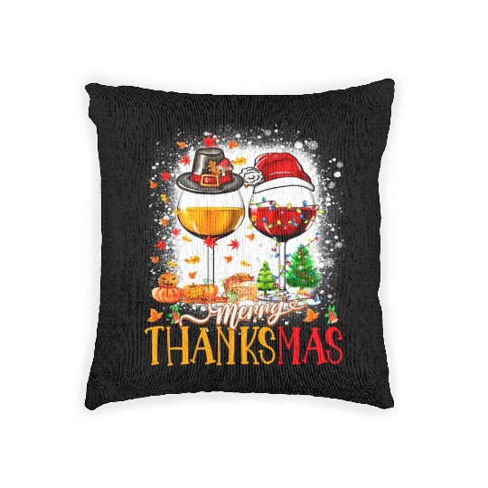 Merry Thanksmas Santa Hat Thanksgiving Christmas Woven Pillows