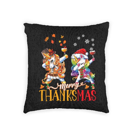 Merry Thanksmas funny unicorn Thanksgiving xmas Woven Pillows