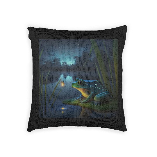 Frog and Firefly Friends on the Pond at Night Woven Pillows