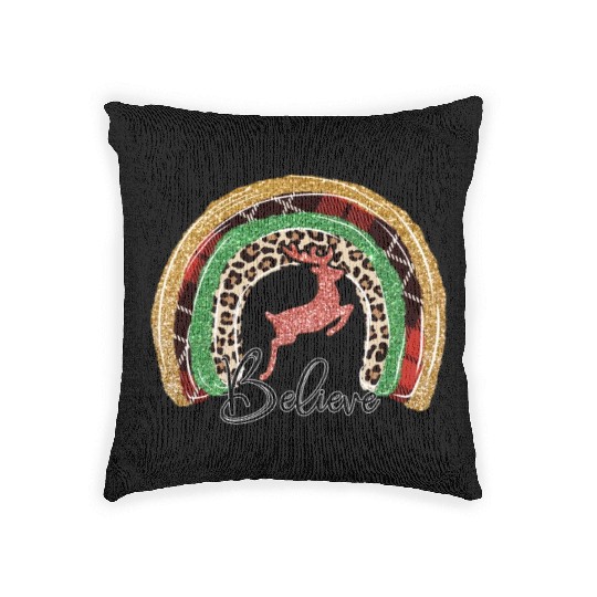 Xmas Christmas Believe Deer Buffalo Plaid Woven Pillows