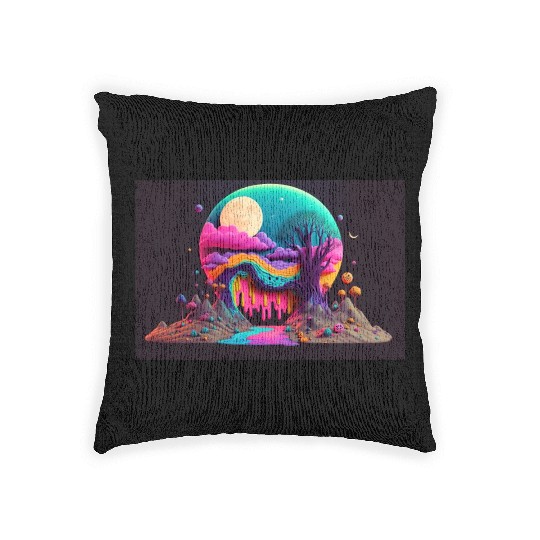 Spooky Full Moon Psychedelic Landscape Paint Drips Woven Pillows