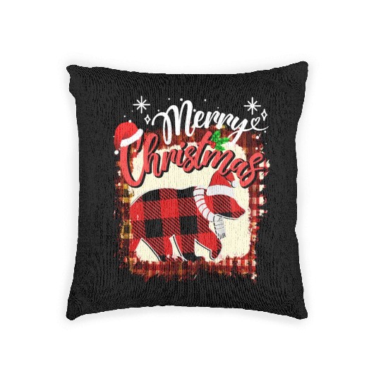 Merry Christmas Vintage Black Buffalo Plaid bear Woven Pillows