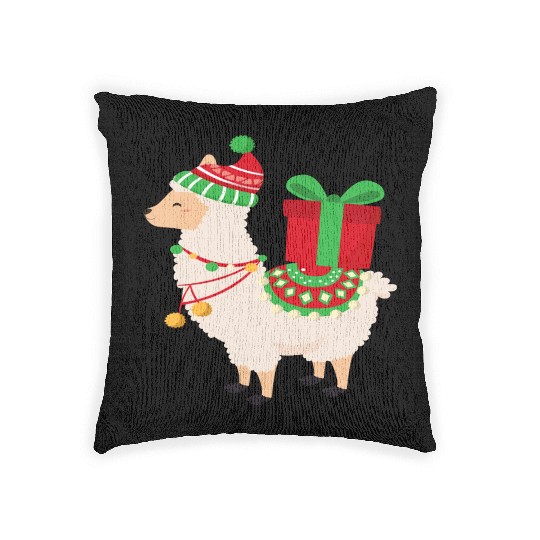 Lama with Christmas present Woven Pillows