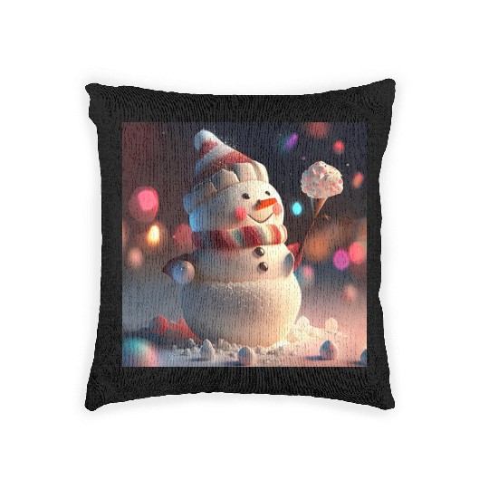 Snowman holding Candy Woven Pillows