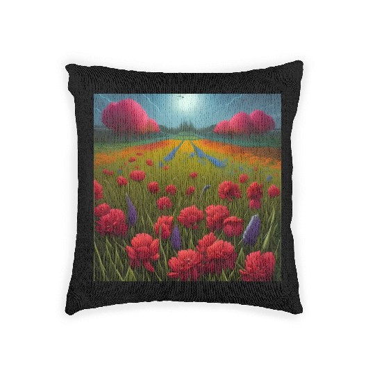 Beautiful Flowers along the Field Road Horizon Woven Pillows