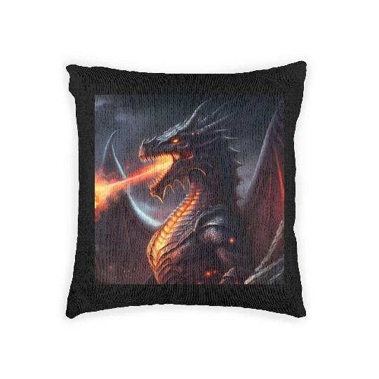 Dark Fantasy fire breathing dragon version 2 Woven Pillows