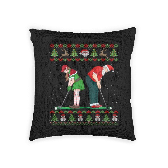 Golf Elf Golfer Ugly Christmas Santa Claus Golfing Woven Pillows