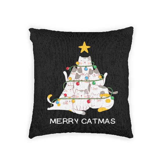 Meowy And Bright Christmas Tree Lights Funny Meowy Woven Pillows