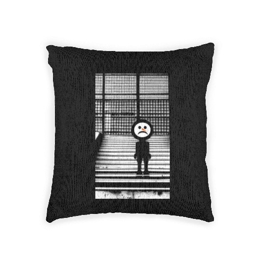 Sad Snowman in Woven Pillows Standing on the Steps Street