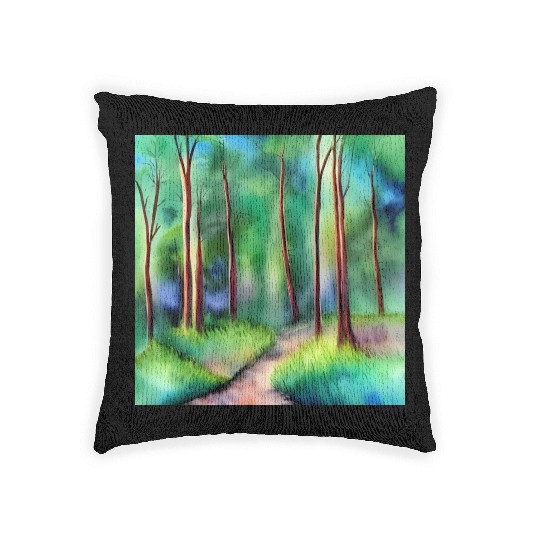Watercolor Forest Road Woven Pillows