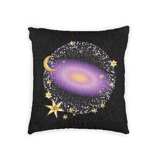 glowing violet galaxy with moon and stars Woven Pillows