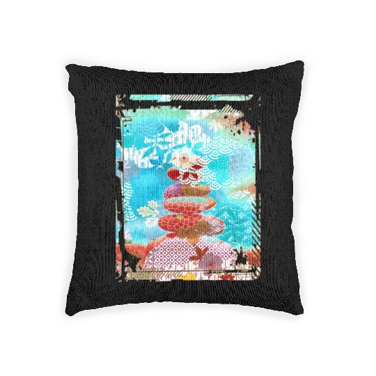 Japan Zen Buddhism Balancing Stones Rocks Cherry Woven Pillows