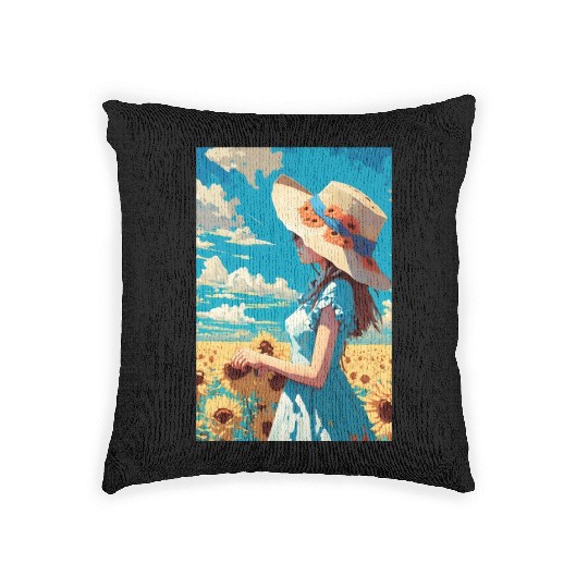 Sunflower girl summer Woven Pillows
