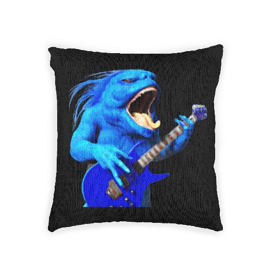 Huge blue creature jamming on an electric guitar. Woven Pillows