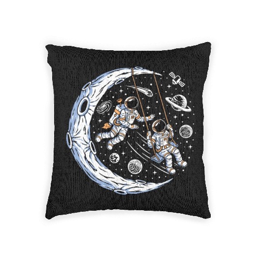 Astronauts on swing on moon Woven Pillows