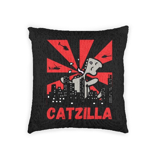Catzilla funny cat Japanese Sunset Woven Pillows