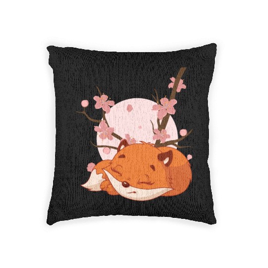 Japanese Fox Cherry blossom Flower sakura kawaii Woven Pillows