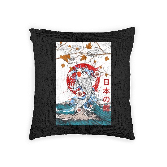 Great Wave off Kanagawa Japanese Blossom Koi Fish Woven Pillows