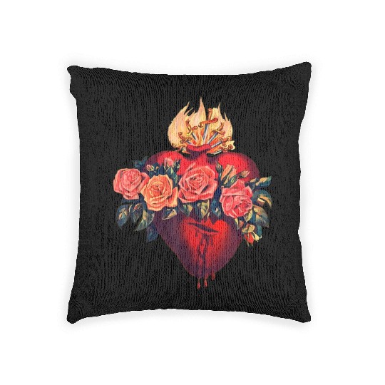 Sacred Heart of Jesus Christ Retro Sunset Art Cath Woven Pillows
