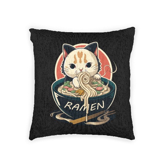 Cute Cat Eating Ramen Woven Pillows