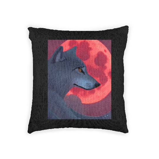 A Grey Wolf Staring at a Blood Moon Woven Pillows
