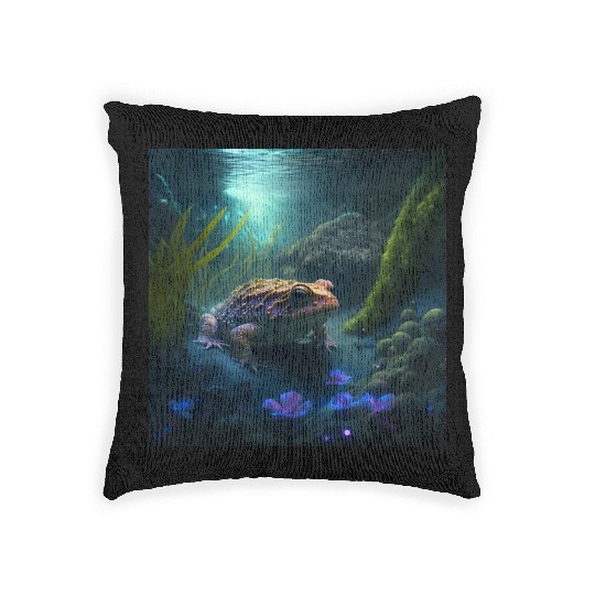 A toad in a creek the toad has blue glowing eyes Woven Pillows
