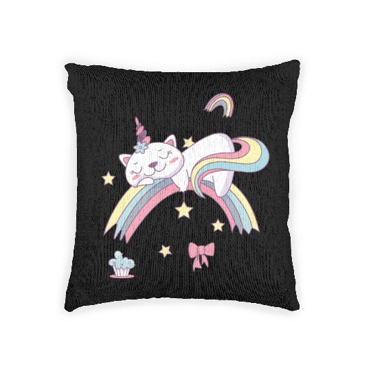 Unicorn Kawaii Cat Cartoon Over Rainbow Woven Pillows