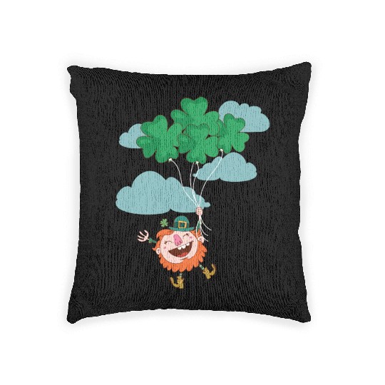 Lerechaun Hanging On Clover Balloons - St Patricks Woven Pillows