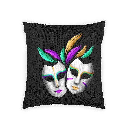 Pair Of White Masks With Feathers For Mardi Gras Woven Pillows
