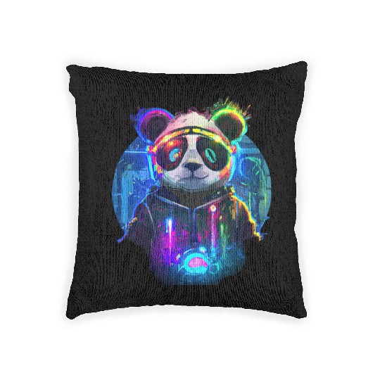 Futuristic Frenzy: Neon Panda Pop Art | light Woven Pillows