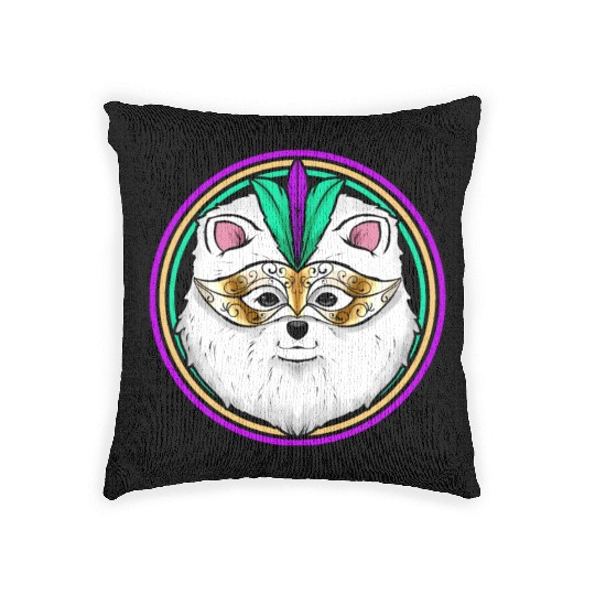 Pomeranian Or Samoyed Dog With Mask For Mardi Gras Woven Pillows