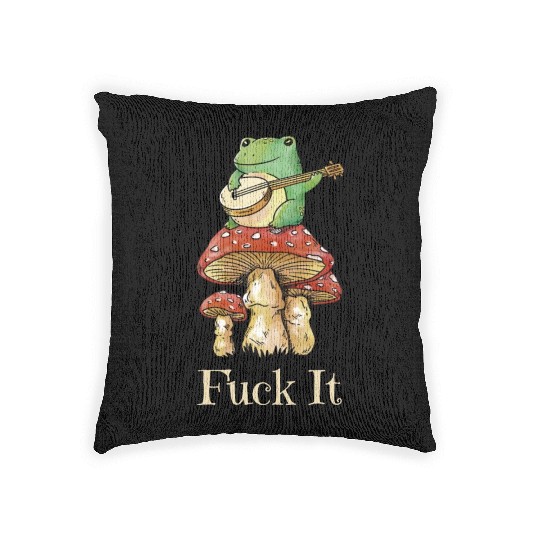 Cottagecore Frog Playing Guitar says Fuck It Woven Pillows