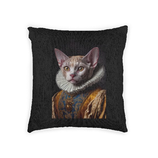 Black Queen Devon Rex Cat Breed Portrait Royal Ren Woven Pillows