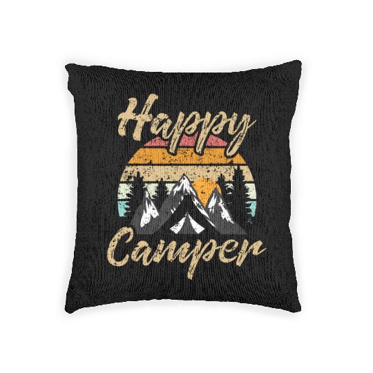 Funny Camping Hiking Lover Present Happy Camper Gi Woven Pillows