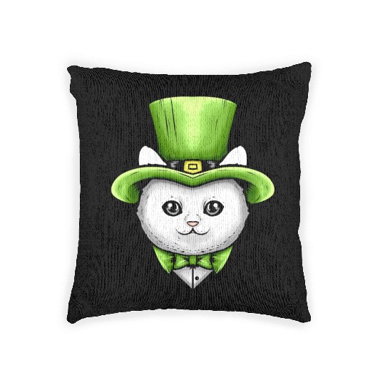 Cute Kawaii Cat With Leprechauns Hat On St Woven Pillows