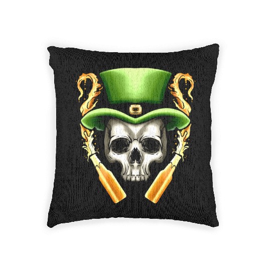 Skull With Leprechauns Hat And Beer Party St Woven Pillows