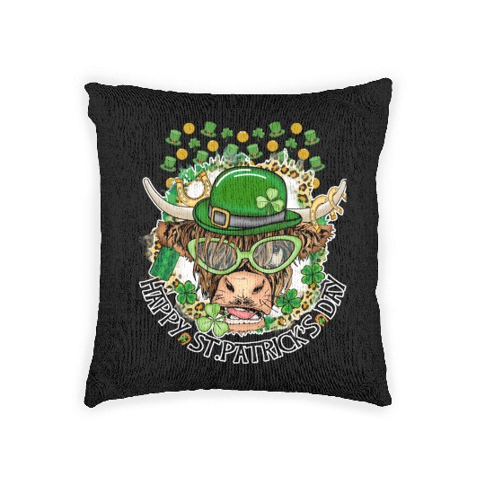 Happy St. Patrick's Day, Funny Cow, Hat and Gold Woven Pillows