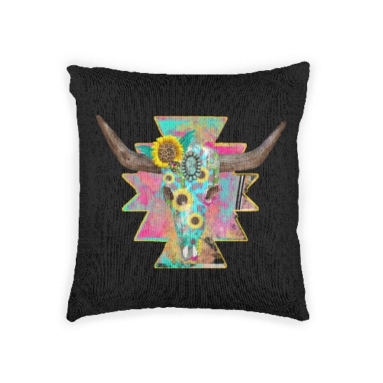 Colorful Floral Bull Skull Woven Pillows