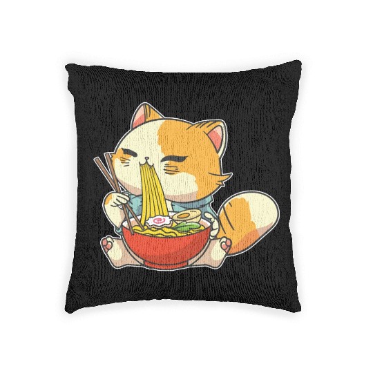 Cat Ramen Bowl Anime Kawaii Neko Japanese Noodles Woven Pillows