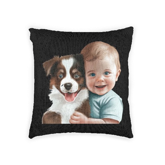 Sweet baby smiling with lovely puppy Woven Pillows