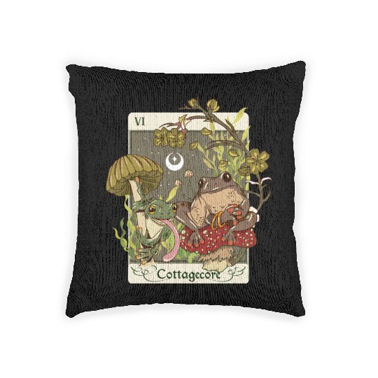 Swamp Mushroom Frog Cottagecore Tarot Card Aesthet Woven Pillows