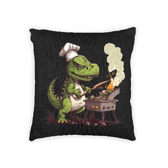 Baby Dinosaur Using A Charcoal Grill Cooking Meat Woven Pillows