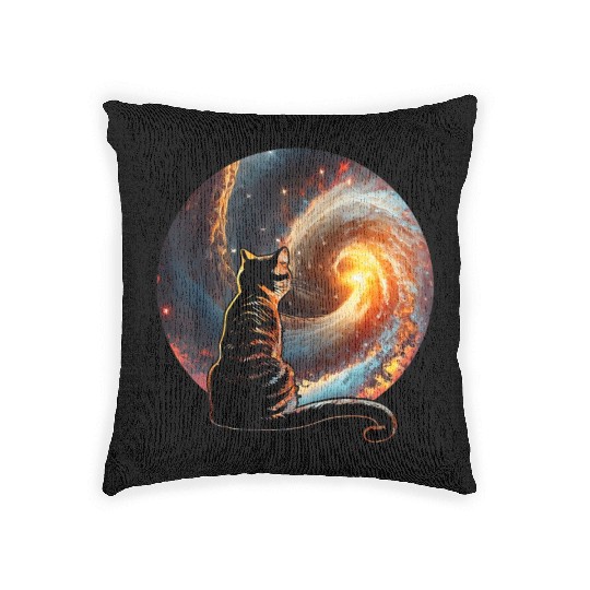 Cat Staring at a Galaxy Cat Dad Cat Lover Woven Pillows
