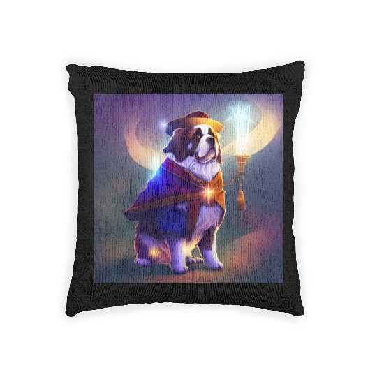 Saint Bernard Dog as a Wizard Woven Pillows